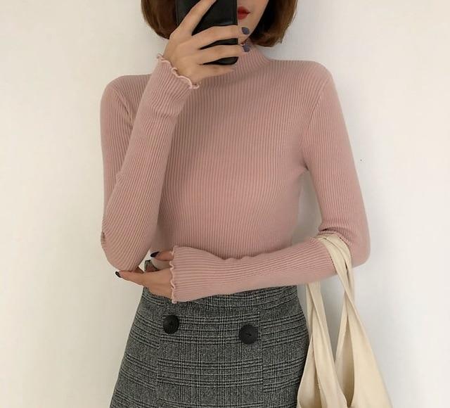 High Elastic Solid Turtleneck Ruched Sweater