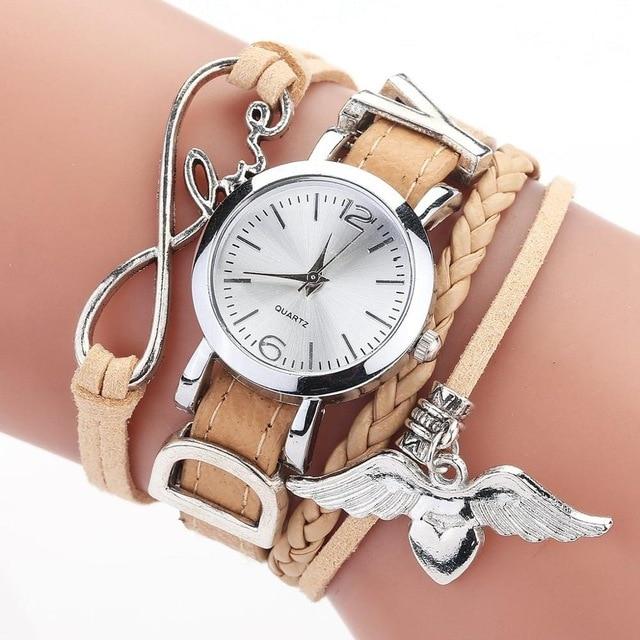 Silver Heart Pendant Leather Belt  Wrist Watch