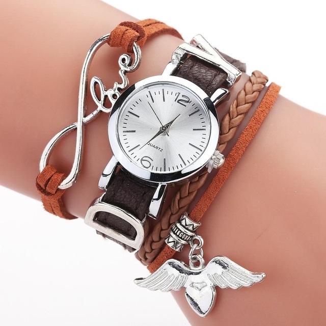 Silver Heart Pendant Leather Belt  Wrist Watch