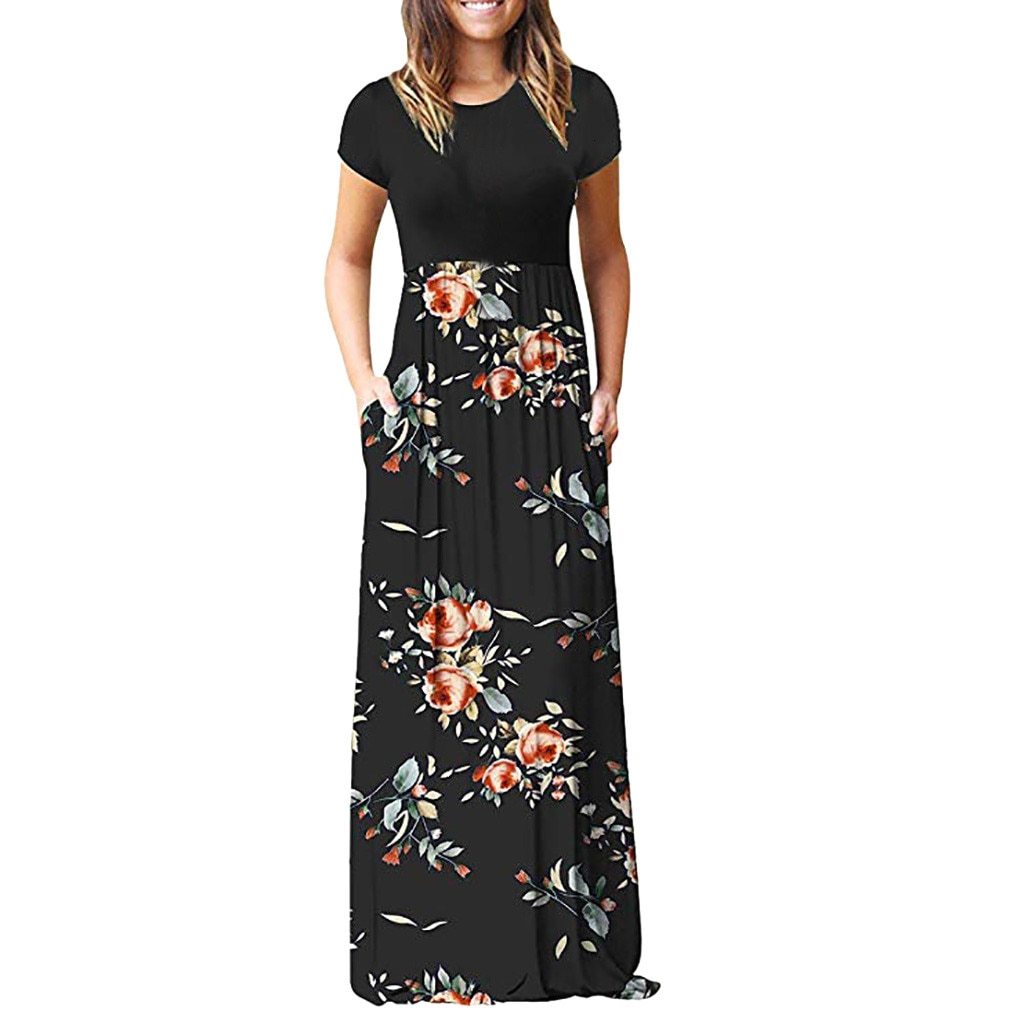 O-neck Short Sleeve Print Maxi Tank Long Dress
