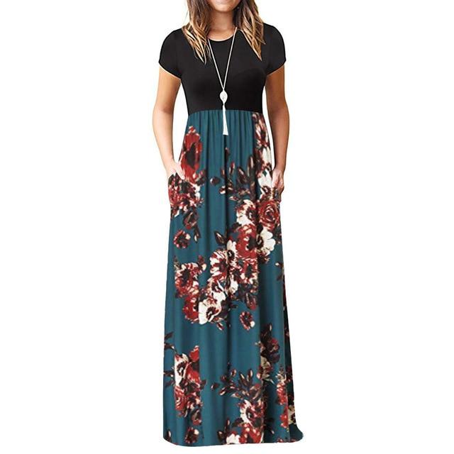 O-neck Short Sleeve Print Maxi Tank Long Dress