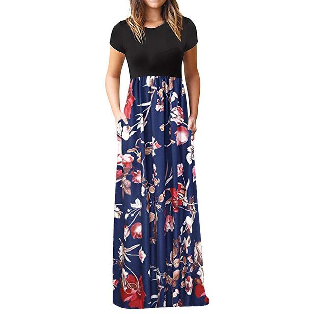 O-neck Short Sleeve Print Maxi Tank Long Dress