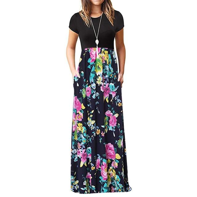 O-neck Short Sleeve Print Maxi Tank Long Dress