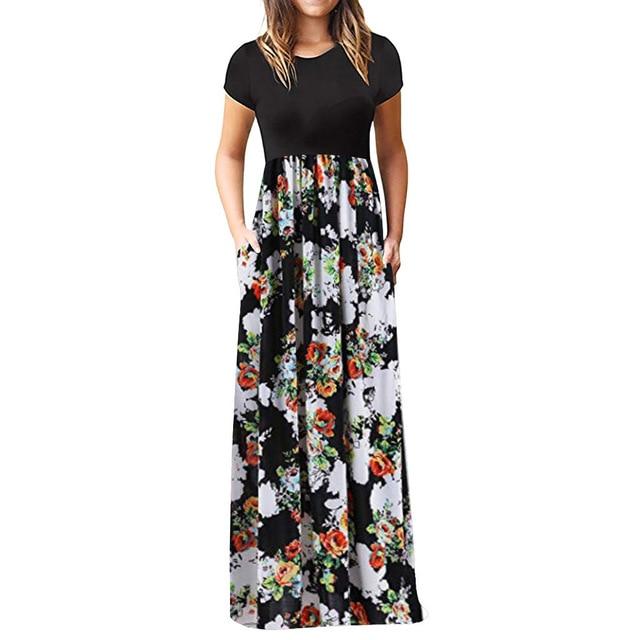 O-neck Short Sleeve Print Maxi Tank Long Dress