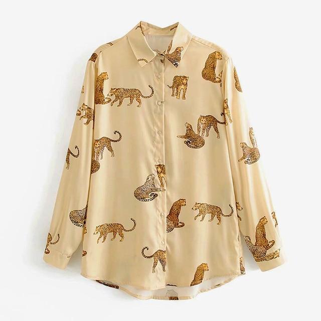 Leopard Style Turn Down Collar Long Sleeve Shirt