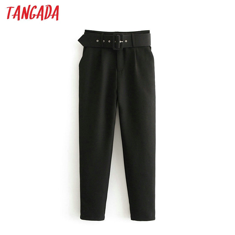 Tangada black suit pants woman high waist pants sashes pockets office ladies pants fashion middle aged pink yellow pants 6A22 - Stylesma