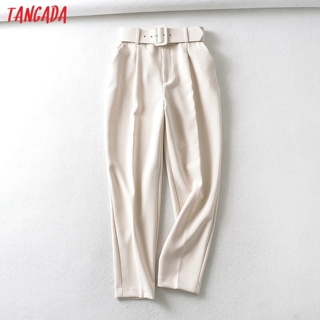 Tangada black suit pants woman high waist pants sashes pockets office ladies pants fashion middle aged pink yellow pants 6A22 - Stylesma