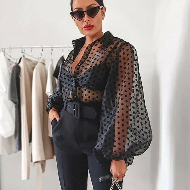 Retro Modern Mesh See-through Loose Button Blouse