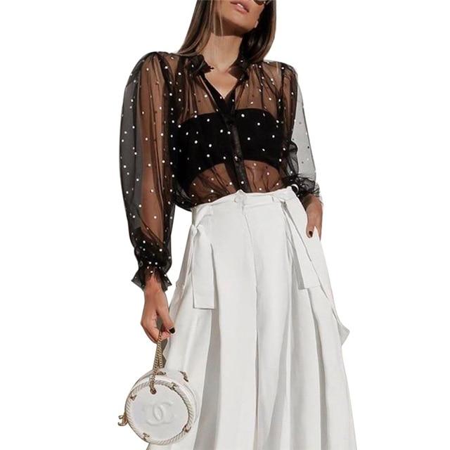 Retro Modern Mesh See-through Loose Button Blouse