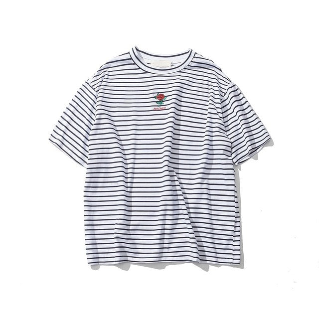 Rose Embroidery Striped Short Sleeve Men's T-shirt