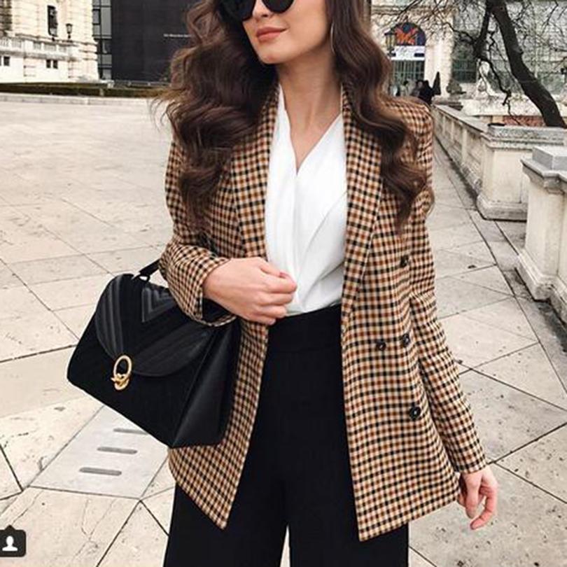 Slim Double Breasted Notched Collar Plaid Blazer - Stylesma
