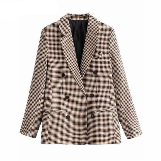 Slim Double Breasted Notched Collar Plaid Blazer - Stylesma