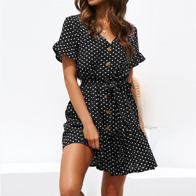 Casual Polka Dot Sleeve Boho V-Neck Mini Dress