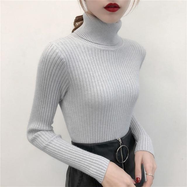Casual Solid Turtleneck Female Pullover Full Sleeve Sweater - Stylesma