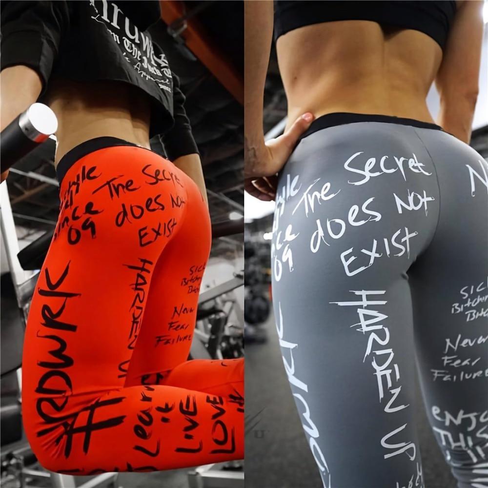 Letter Print High Waist Tight Elastic Workout Leggings - Stylesma