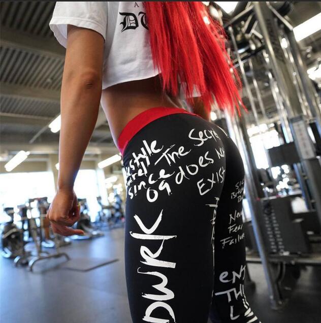 Letter Print High Waist Tight Elastic Workout Leggings