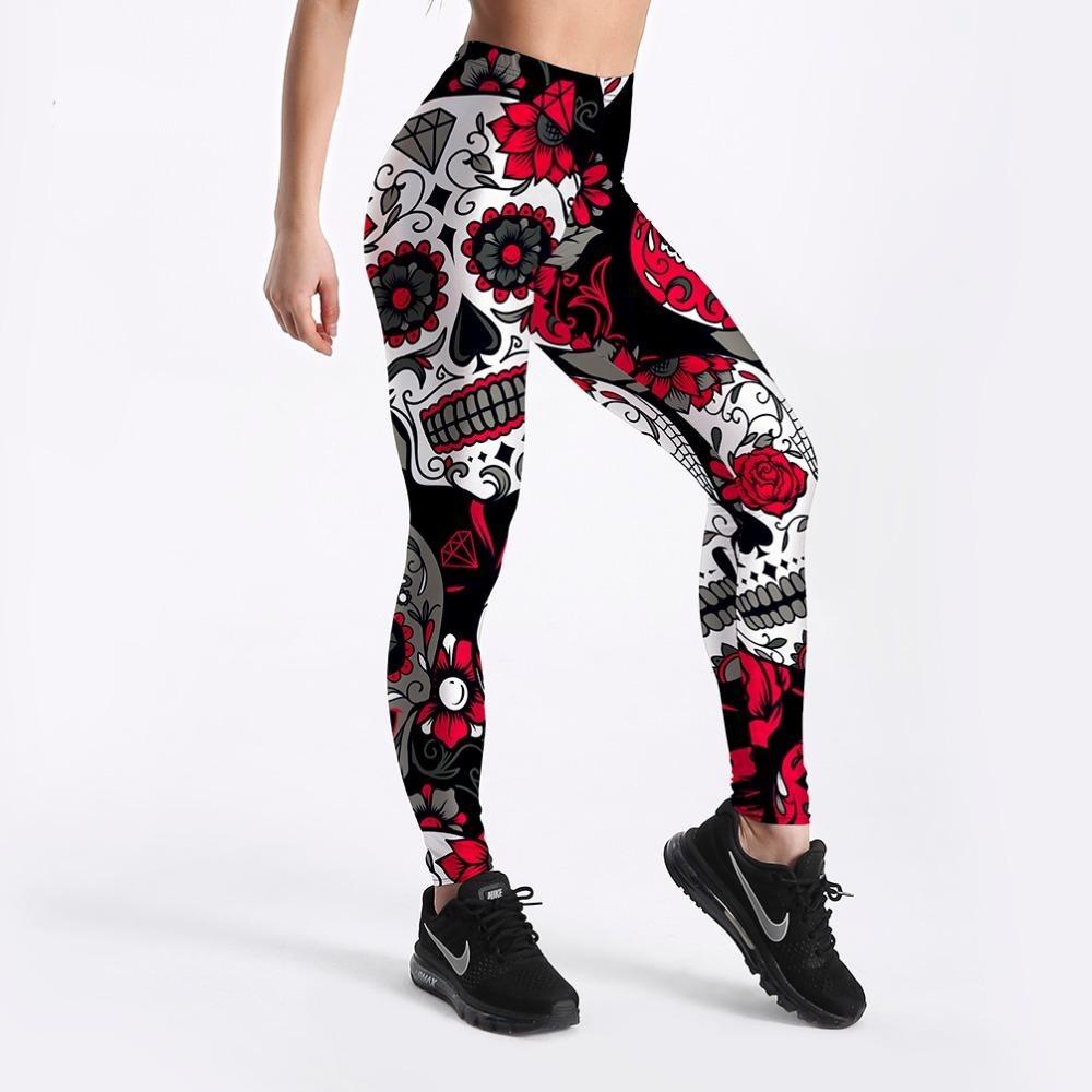 Skull And Flower Black Leggins With Digital Prints - Stylesma