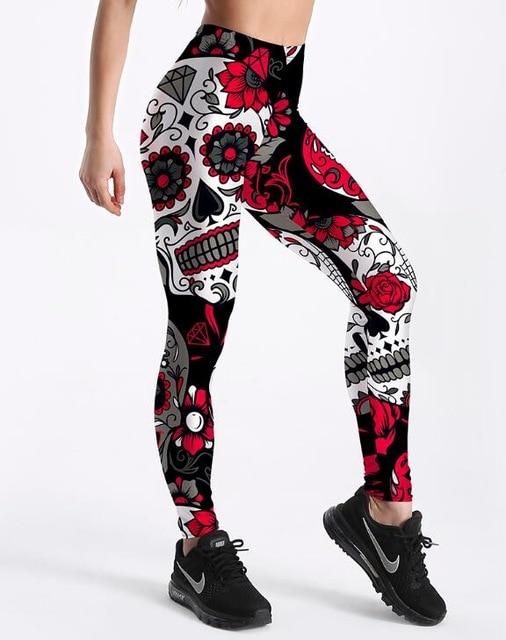 Skull And Flower Black Leggins With Digital Prints