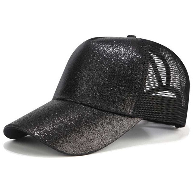 Glitter Ponytail Mesh Snapback Baseball Cap - Stylesma