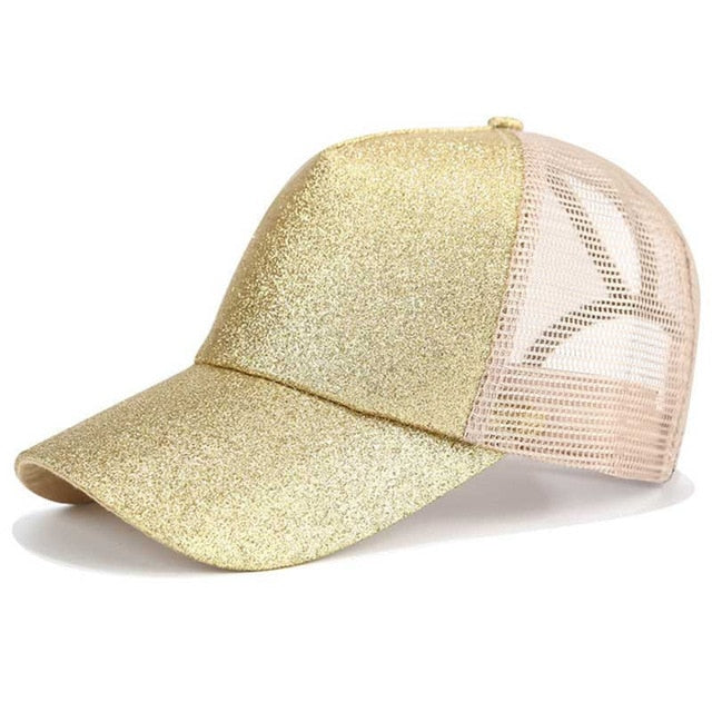 Glitter Ponytail Mesh Snapback Baseball Cap