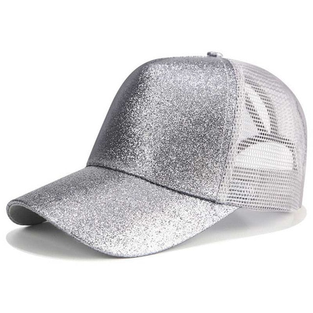 Glitter Ponytail Mesh Snapback Baseball Cap