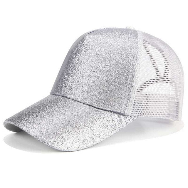 Glitter Ponytail Mesh Snapback Baseball Cap