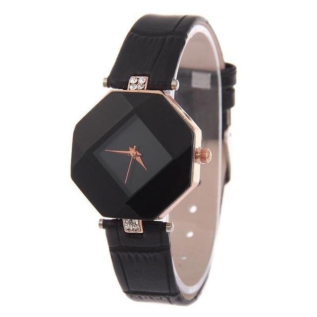 Jewel Cut Geometry Crystal Leather Quartz Wrist Watch - Stylesma