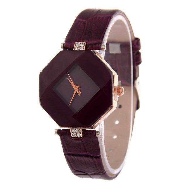 Jewel Cut Geometry Crystal Leather Quartz Wrist Watch