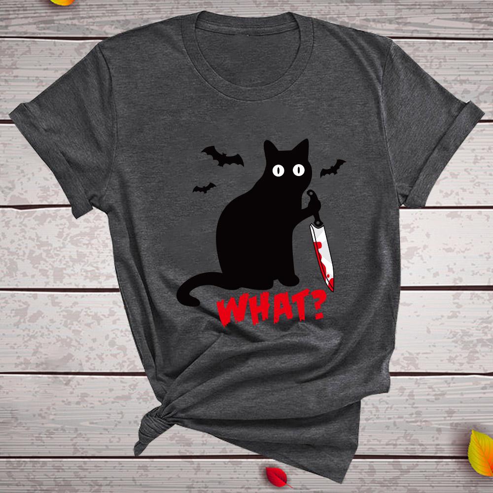 Short Sleeve Printed "Black Cat What" Top - Stylesma