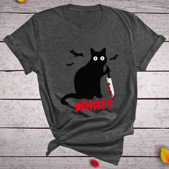 Short Sleeve Printed "Black Cat What" Top - Stylesma
