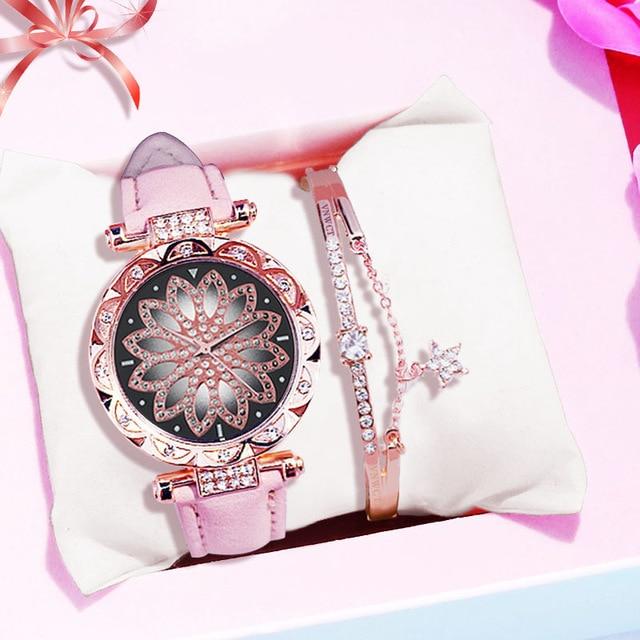 Casual Leather Quartz Bracelet set Wristwatch