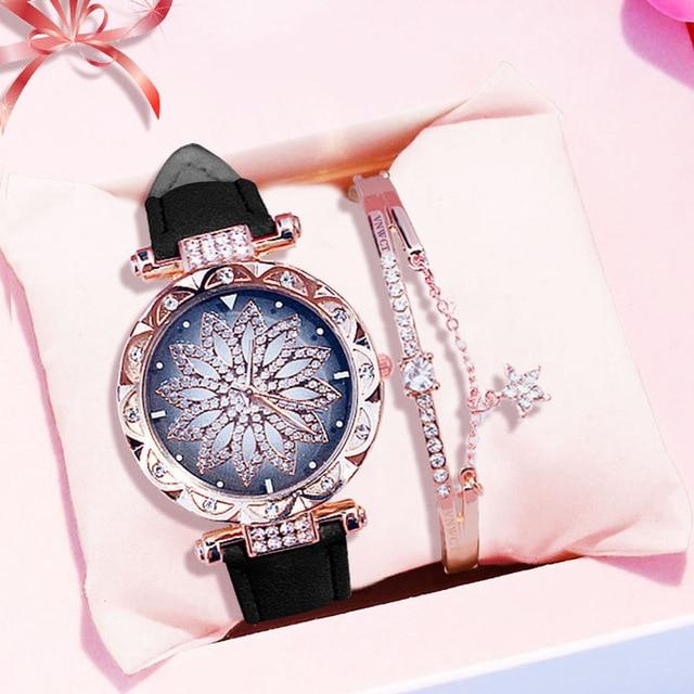 Casual Leather Quartz Bracelet set Wristwatch