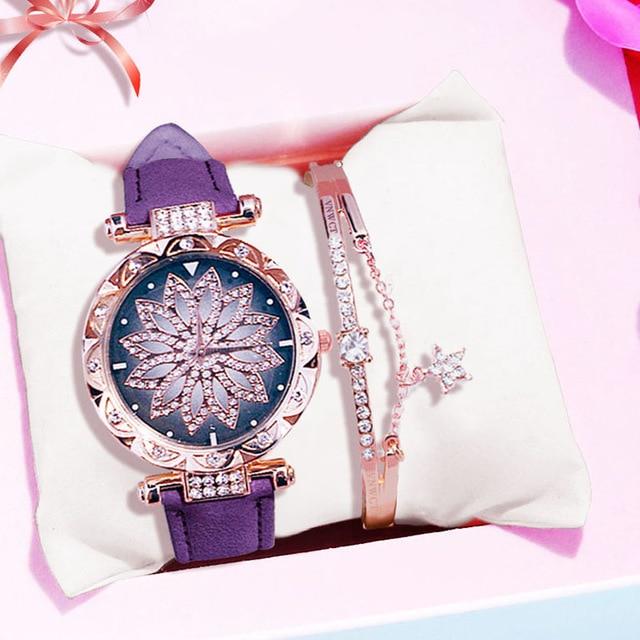Casual Leather Quartz Bracelet set Wristwatch