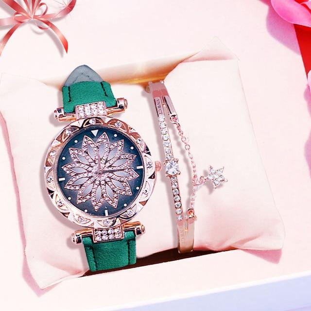 Casual Leather Quartz Bracelet set Wristwatch