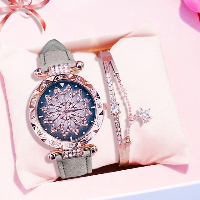 Casual Leather Quartz Bracelet set Wristwatch
