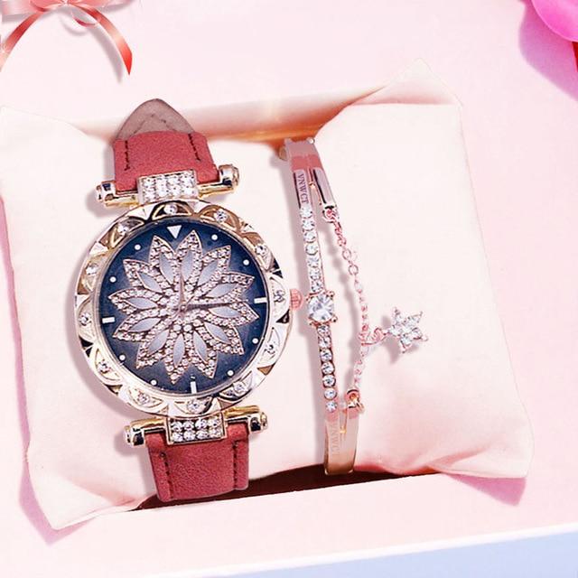 Casual Leather Quartz Bracelet set Wristwatch