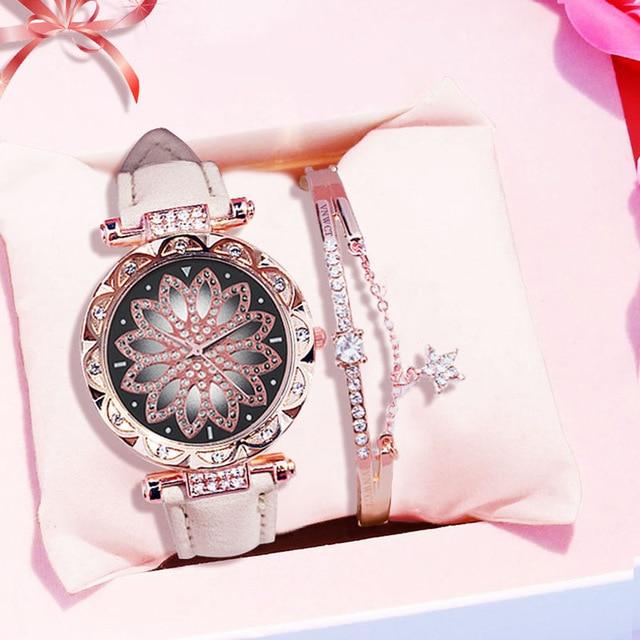 Casual Leather Quartz Bracelet set Wristwatch
