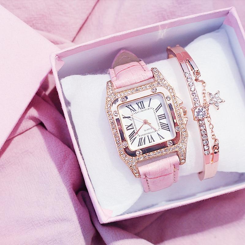 Leather Band Square Shaped Diamond Watch