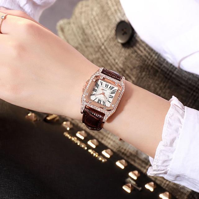 Leather Band Square Shaped Diamond Watch