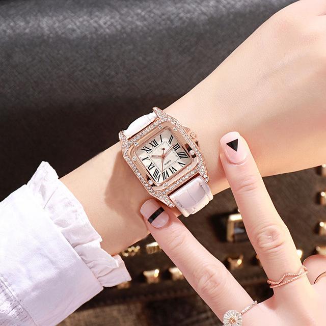 Leather Band Square Shaped Diamond Watch