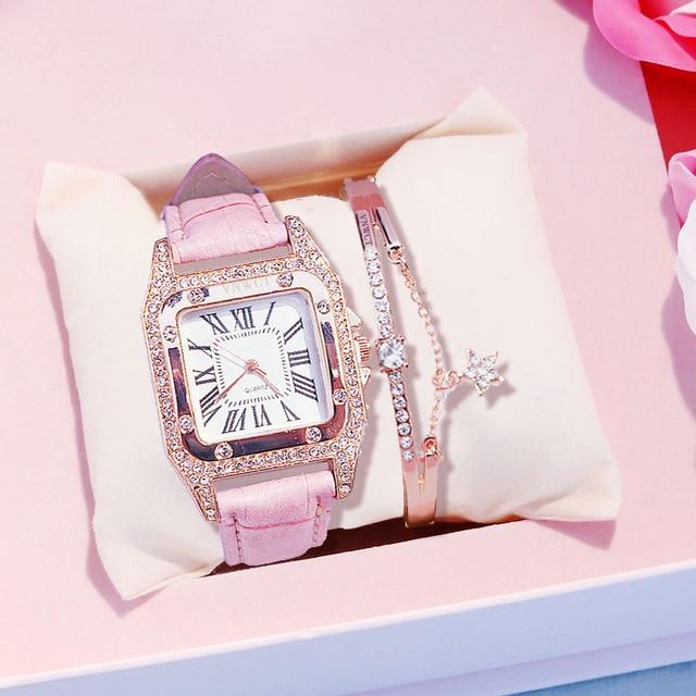 Leather Band Square Shaped Diamond Watch