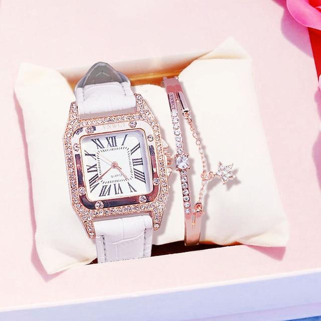 Leather Band Square Shaped Diamond Watch