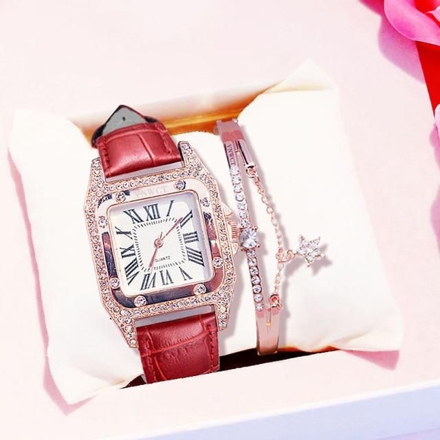 Leather Band Square Shaped Diamond Watch - Stylesma
