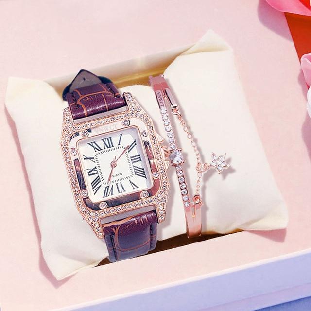 Leather Band Square Shaped Diamond Watch