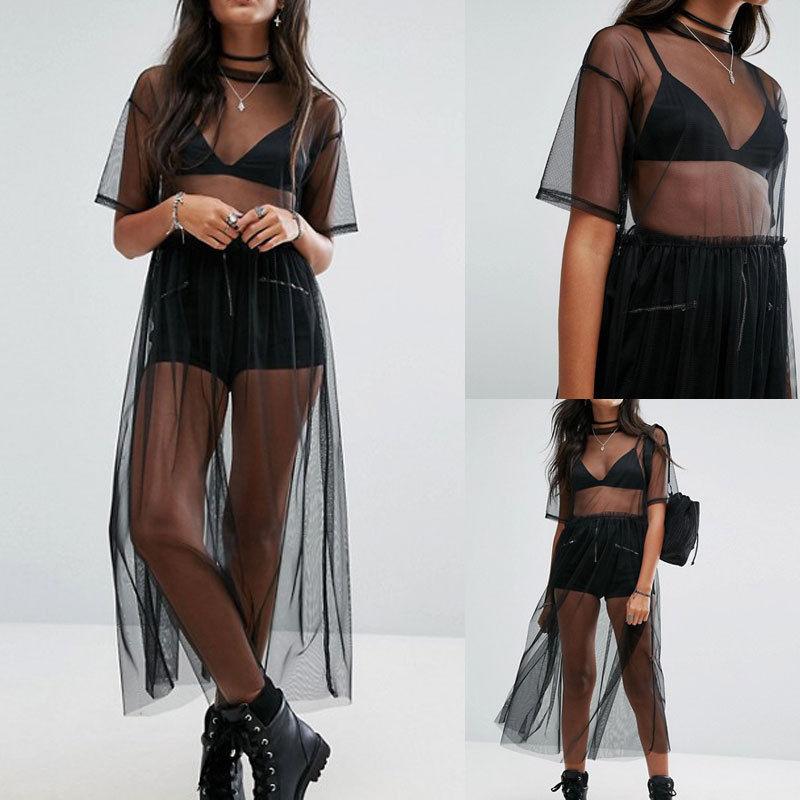 Black Gauze Half Sleeve Lace Mesh Dress