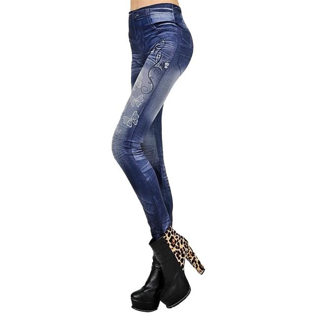 Women's Long Pocket Print Faux Denim Summer Leggings